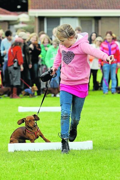 RIGHT: Warrnambool’s Ashley Evans, nine, with Tilly during the Dachshund Dash at Port Fairy’s Southcombe Park.  