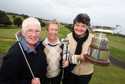 Warrnambool Golf club trio Lesley Goddard (left), Shirley Scimonello and Ann Glennon celebrate their win in the Marjorie Robinson Bowl.