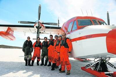 Members of Team Minke  on the ice at Bunger Hills, Antarctica: (l-r) Shannon McKay, David Peel, Natalie Kelly, Dan Colborne, Rod Robertson, Amanda Hodgson and Josh Smith.Picture: JENNY McGHEEscientific aerial survey team