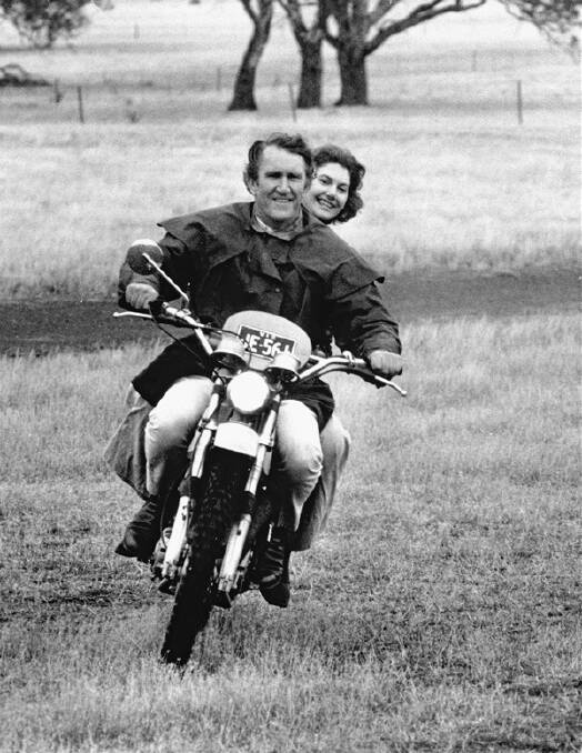 Malcolm Fraser with his wife Tamie on a motorbike in March 1975.