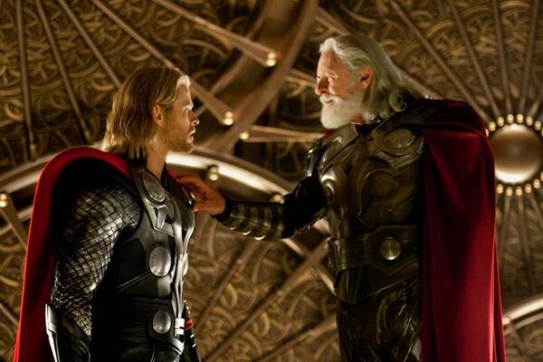 Thor (Hemsworth) and Odin (Hopkins) don't see eye to eye in  Thor .