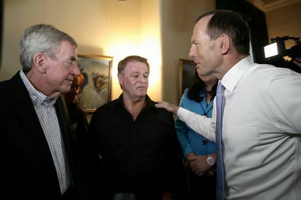 Opposition Leader Tony Abbott meets with Bali bombing survivors Paul Anicich and Peter Hughes Photo: Alex Ellinghausen