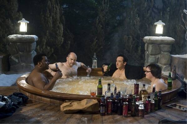 The four hot-tubbers prepare to do bad things to the time-space continuum.