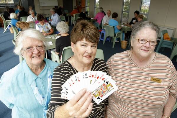 Elinor Winter (left), Betty Turner and Christine Webb were among those happy to play a hand or two at yesterday’s Warrnambool Bridge Club fund-raising tournament. 
