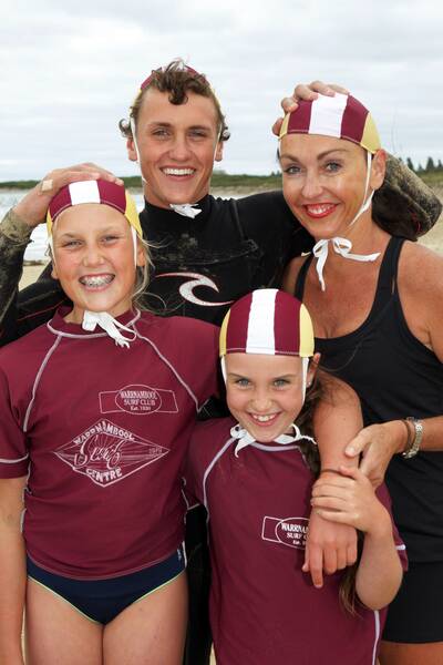 Aulesbrook Family mambers that are competing in the Surflifesaving Victorian Championships at Lakes Entrance this weekend. 19 yr old Jack is also competing but  is absent from the picture. L-R:13 yr old Eve Aulsebrook, 16 yr old Ned Aulsebrook, 8 yr old Elke Aulsebrook and  Fiona Aulsebrook.110310LP18PICTURE:LEANNE PICKETT