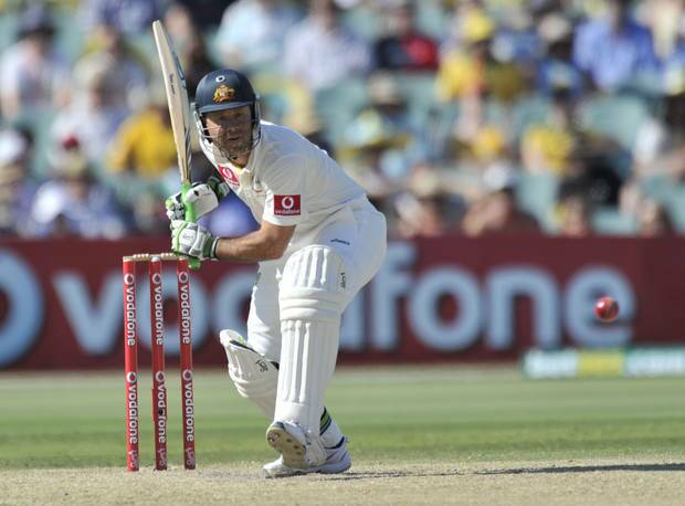Australia's Ricky Ponting bats against South Africa on the third day of the second Test at the Adelaide Oval.