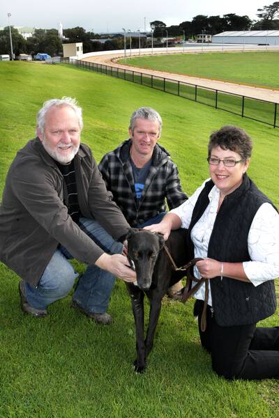L-R:President Warrnambool Greyhound Racing Club Phillip Mitchem, Peter's Project Director Vicki Jellie and owner of the dog Philip Lenehan. This dog has been named Peter's Project and money will be given to the Peter's Project fund when the dog wins races. 100716LP07PICTURE:LEANNE PICKETT