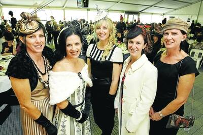 Tabcorp May Racing Carnival Day 1. Pictured - Ladies Lunch, l-r Lorraine Timms, Nicole Barker, Jayne Scriven, Lisa Worden, and Fleur Quinn, dressed up for the Ladies Luncheon. 100504RG22 Picture  ROB GUNSTONE SPECIAL 00000000