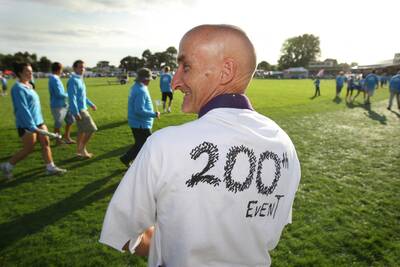 Relay for Life at Camperdown's Mt. Leura ovalMichael Grayling from Ringwood. With 200th event drawn on the back of his Relay t-shirt. He survived cancer 30 years ago and the Camperdown Relay was the  200th relay event he has taken part in. call him on: 0433 420 530100320GW28 GLEN WATSON