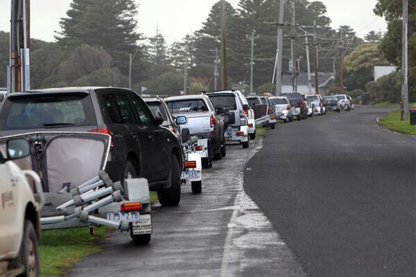 The line up of cars and trailers at Port Fairy.