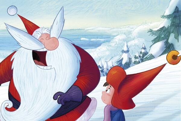 Santa (voiced by Shane Jacobson) has a laugh with his new apprentice Nicholas (Jack Versace).
