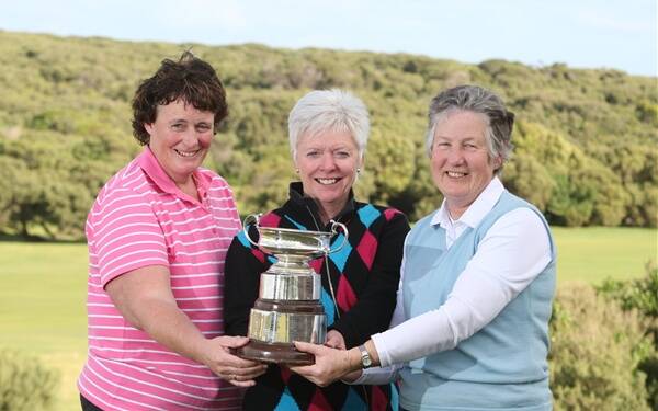 Lauren Higgins (left), Joy Bolden and Ann Fitzhenry were rewarded for a tough 18 holes on Warrnambool golf course yesterday when their combined total of 93 stableford points delivered victory in the prestigious Marjorie Robinson Bowl.