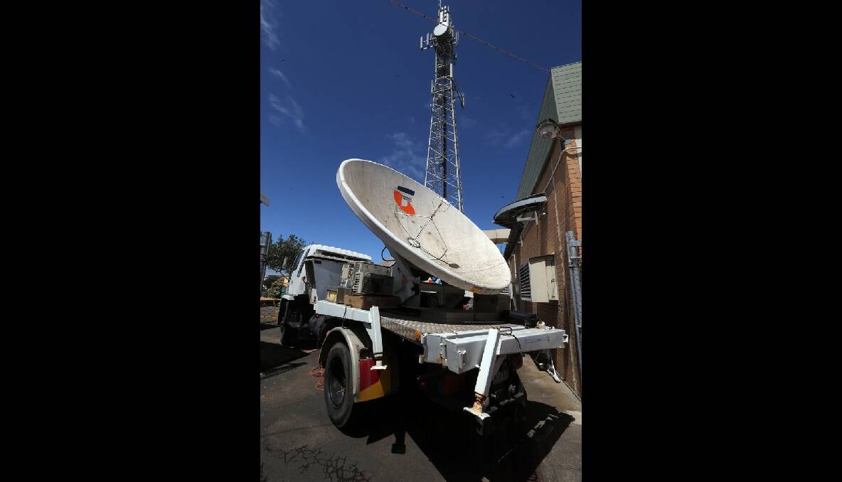 A Satellitle Cell On Wheels (SatCOW) being used to provide mobile coverage. Photo: DAMIAN WHITE