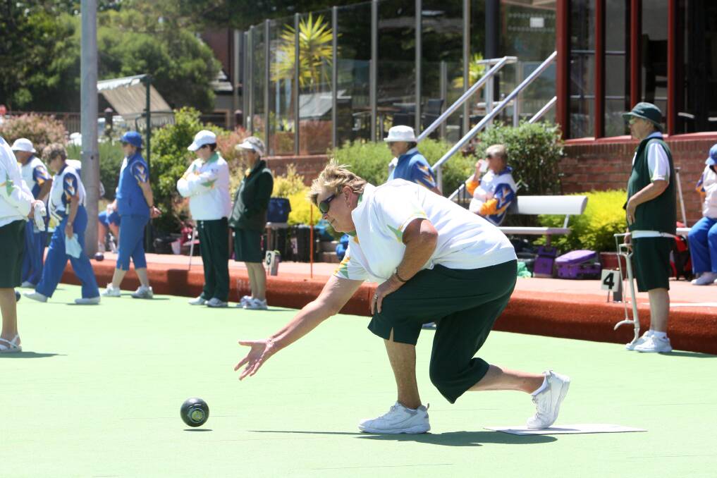 Terang’s Carol Cardwell sends her bowl down during yesterday’s draw with Warrnambool Blue. 