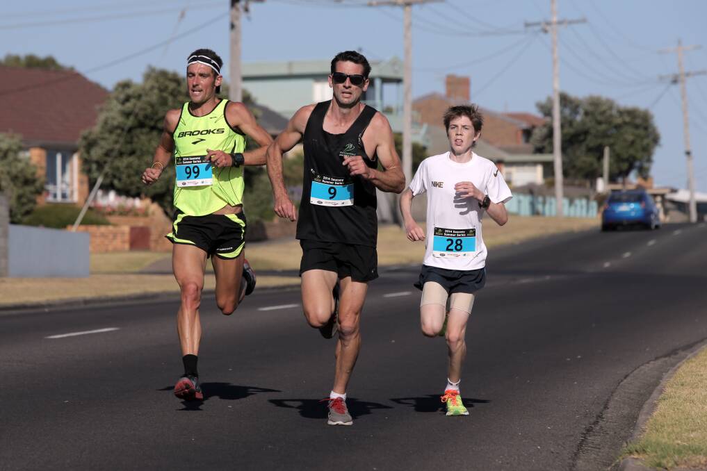 Kris McCartney (left) and Clinton Hall dead-heated for first place in race four of Warrnambool Athletics Club’s summer series, with Tom Hynes close behind in third.
