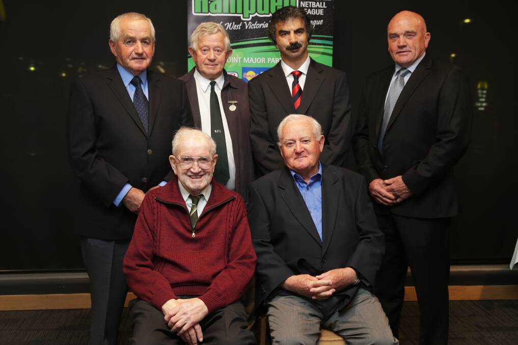 HFNL hall of fame inductees (back from left) Kevin Leske, Jim Bell, legend Wayne Reicha, Hugh Worrall; (front) Bernie Dowling and Ron Hoy.