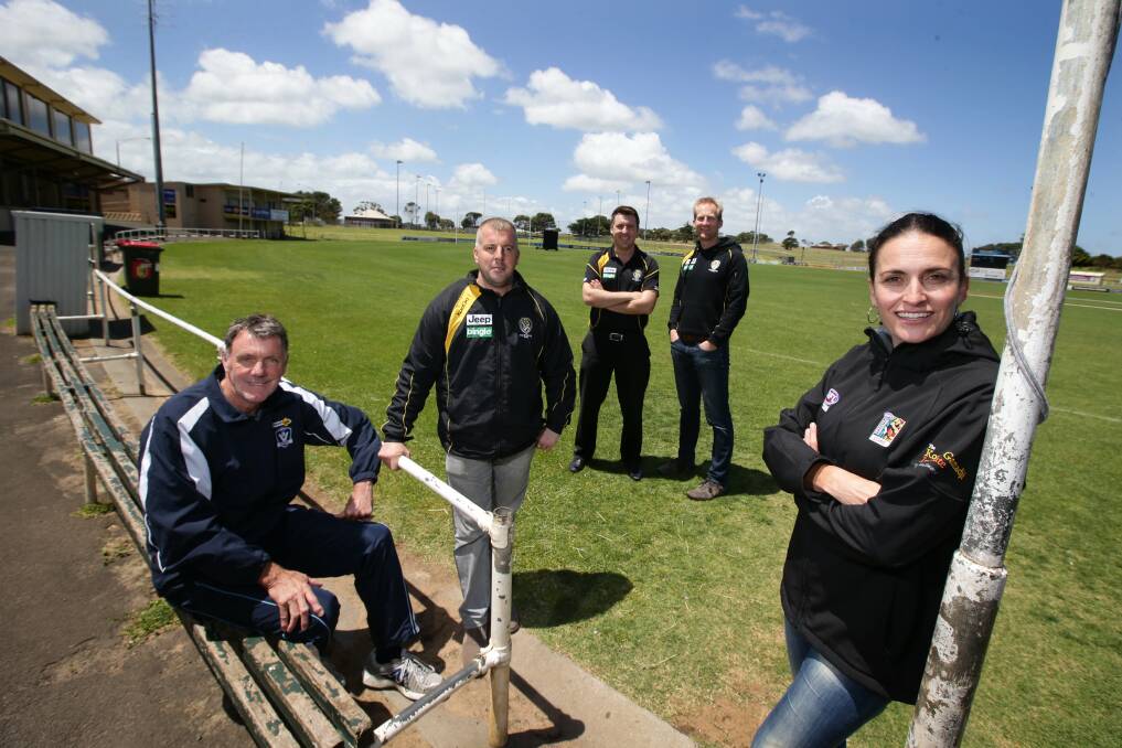 Checking out Reid Oval yesterday are (from left) AFL Country Western District Commission development manager Alan Thompson, Richmond officials Giuseppe Manone, Todd Sigalas and Michael Lacy and Korin Gamadji Institute director Belinda Duarte.