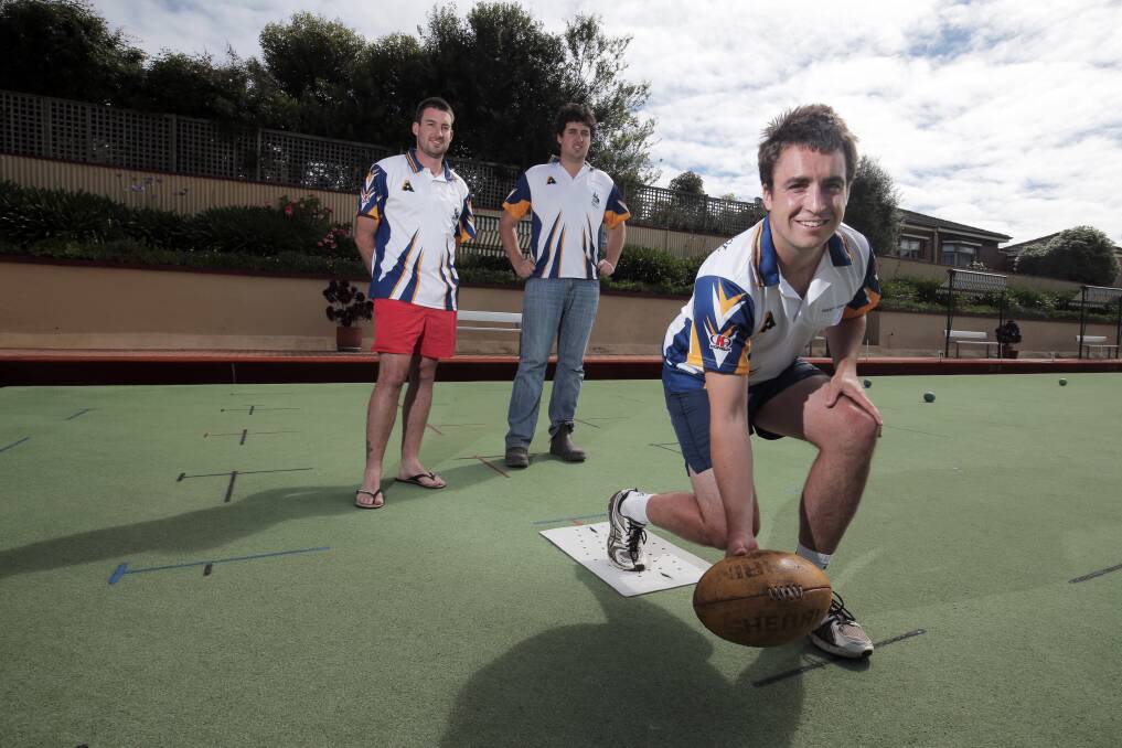 South Rovers footballer Darcy Edwards (front) and teammates Julian Claridge and Sam Hyland have turned their hands to bowls in the off-season, playing in Warrnambool’s division one team.