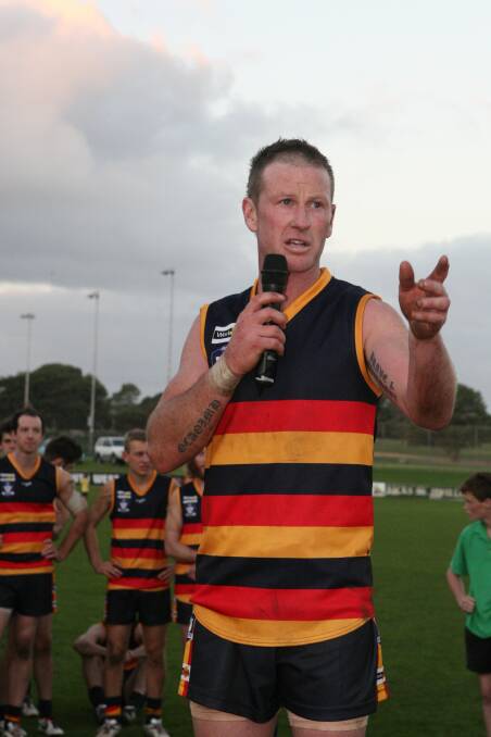 WDFNL playing coach Simon O’Keefe congratulates the CDFL after this year’s interleague contest at Reid Oval.