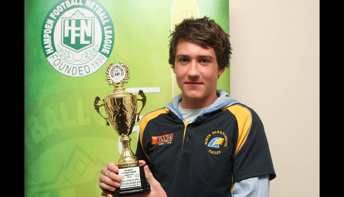 North Warrnambool Eagles' Tyler Fowler with the under 14 best and fairest award.