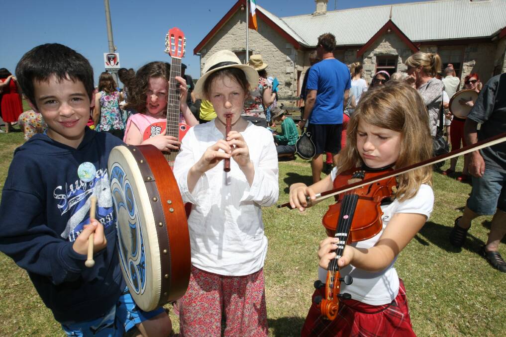 Rory Joseph, 8, of Newport, Tallulah Jakins, 9, of Melbourne, Angie Eldred, 10, of Melbourne, and Yvette Harman, 6, of Lara, perform at Koroit as part of the annual Lake School.