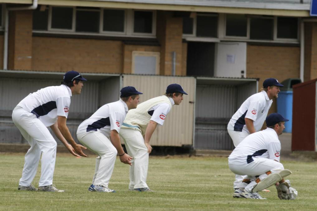 Ready and waiting: Mortlake’s slips cordon awaits: Todd Lamont (left), Tyler Kelly and Jimmy Tarbolton, with gully Todd Robertson, and keeper Josh Jewell. 