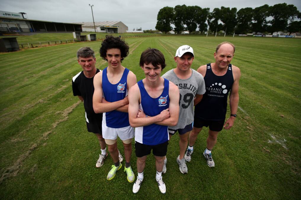 Terang Athletics Club members Anthony O’Connor  (left), his nephew Xavier O’Connor, son Dermott O’Connor, Jacob Densley and Richard Wearmouth are in training for the Terang Gift. 