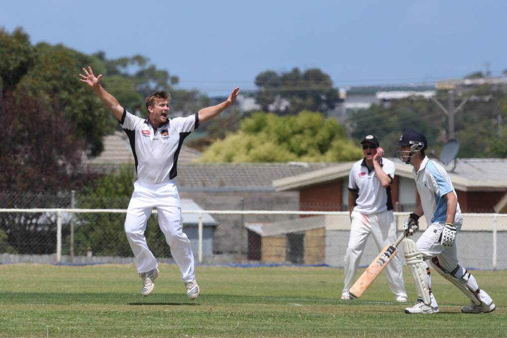 West Warrnambool’s Jed Turland celebrates a wicket in his side’s win over Wesley-CBC.