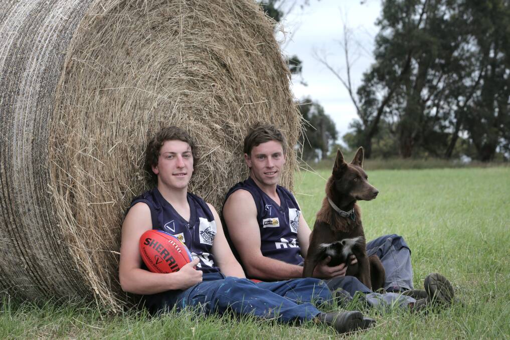 Brothers Aaron (left) and Brad Smith, with canine companion Tessa,  relax from farm work yesterday at Mepunga. They have signed on to play football with Nirranda next season. 
