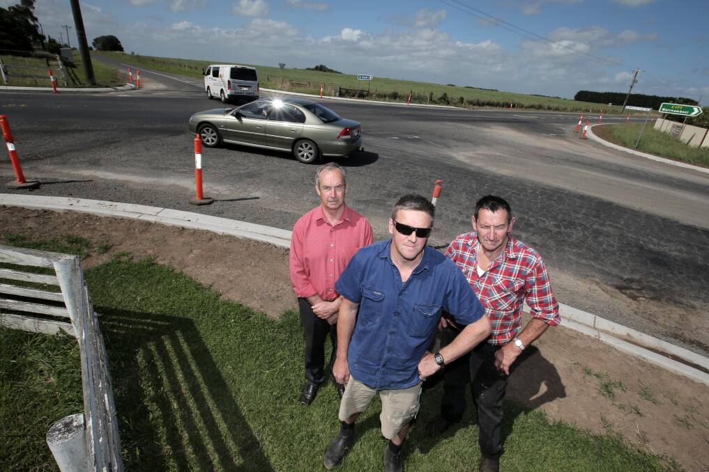 Moyne Shire mayor James Purcell (left) hears concerns from local residents Leon Carey and Pat Keane about the safety of a Southern Cross intersection.