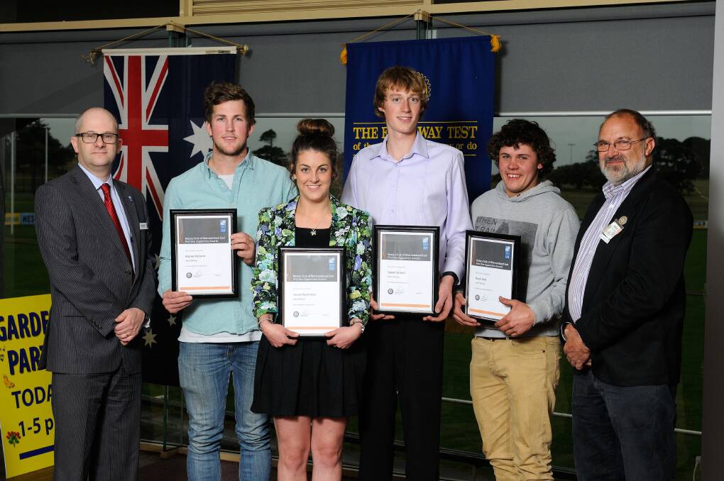 South West TAFE award winners Bronte McCann, Louise Marchman, Daniel Sinnott and Brock Neal with Rotary Club of Warrnambool East president Andy Graham.
