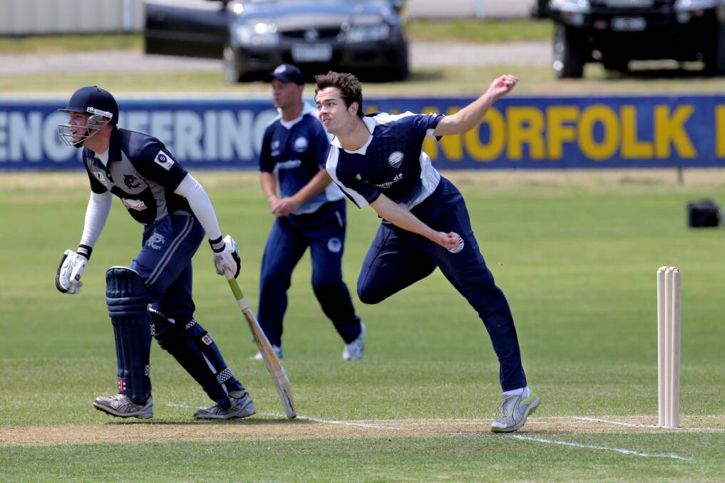 Former Dennington cricketer Matt Gunther lets rip for Geelong against Prahran at Reid Oval.
