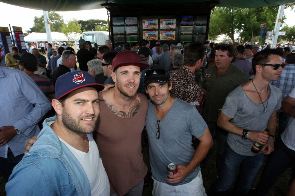 Collingwood champion and Brownlow medallist Dane Swan (inset, centre) had a great time at the track, posing with punters and watching with mates Ben Vague (left) and Shane Cunningham as their part-owned horse Onya Keithy took out the day’s final race. 