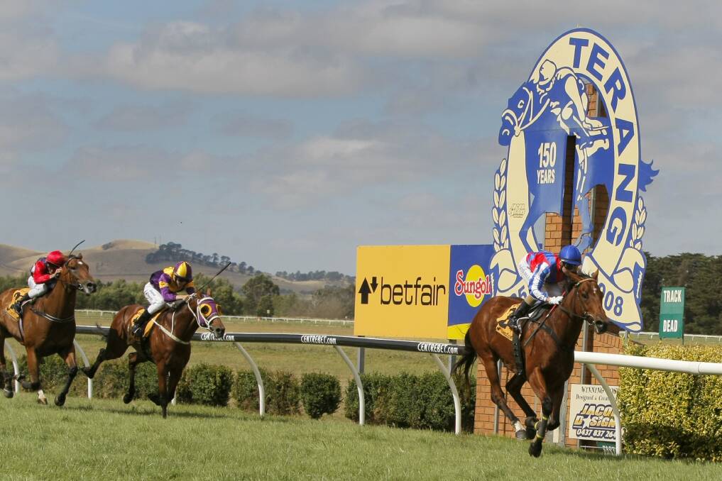 Costa In Ihe Glen, ridden by Nikita McLean, wins the Peter Blank Sprint at Terang yesterday.