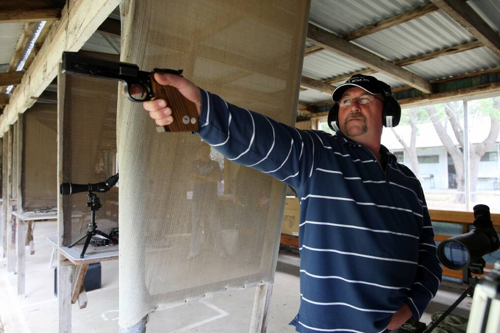 Pistol shooter Cameron Perkins, from Portland, takes aim at Woolsthorpe. 