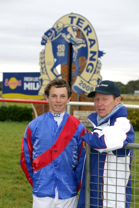 Winning Peter Blank Sprint jockey Boris Thornton with his father Glenn Thornton at Terang yesterday. 