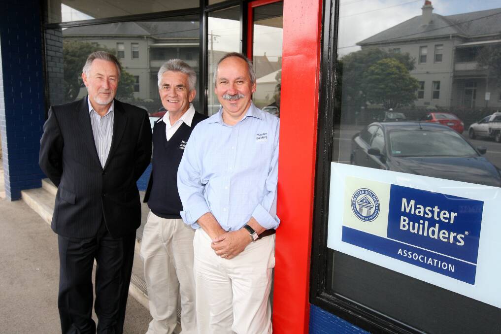 Master Builders Association of Victoria executive director Brian Welch (left), building surveyor Wayne Cooper and building inspector Graeme Schultz outside the new MBAV office in Warrnambool. The office is in part of the Ponting Bros building.