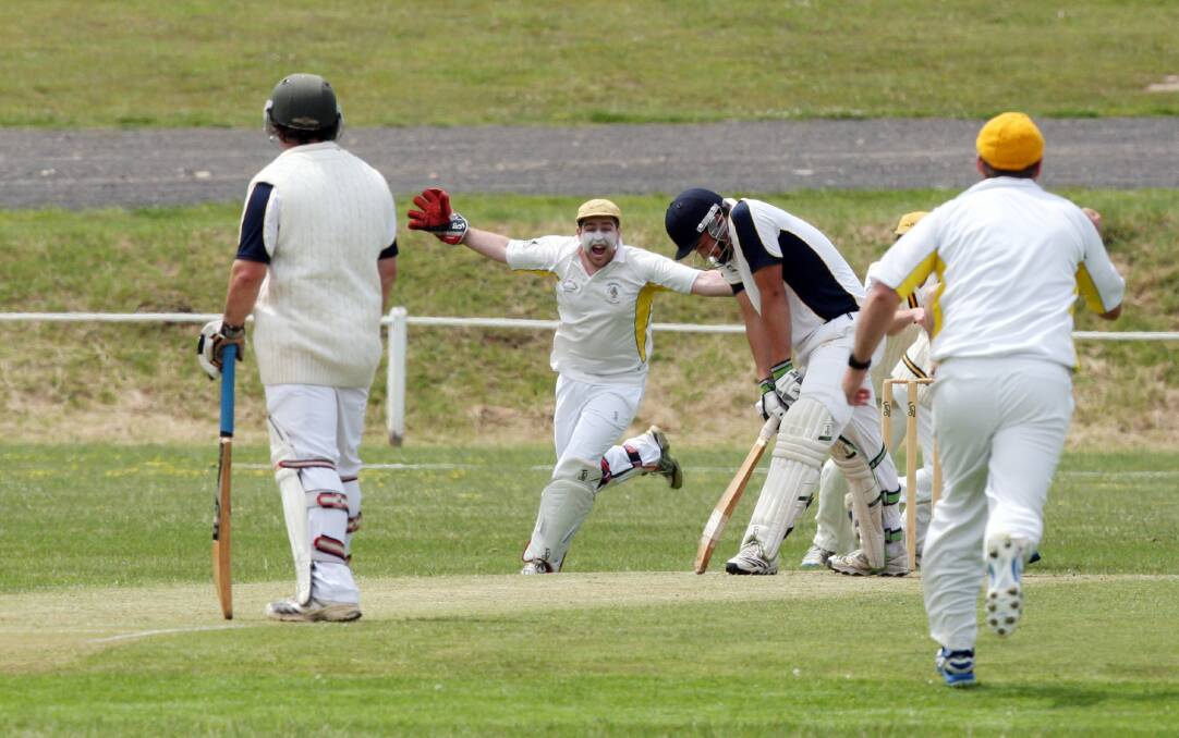 Merrivale wicketkeeper Josh Stapleton appeals in vain as Woodford batsmen John Houston (left) and Jake McKinnon remain safely at the crease in Saturday’s WDCA match. 