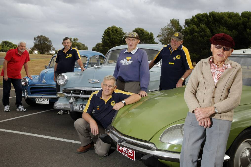 Warrnambool and District Historical Vehicle Club original members Graeme McLeod (left), Ray Farley, Roy Begelhole, Francis Gore, Jack Gore and Jack Brittain. 