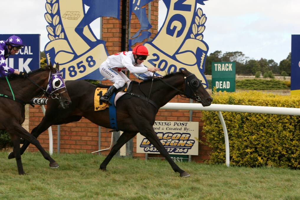 Jockey Linday Meech guides home the Kevin Myers-trained Titch to take out the Terang Cup yesterday. 