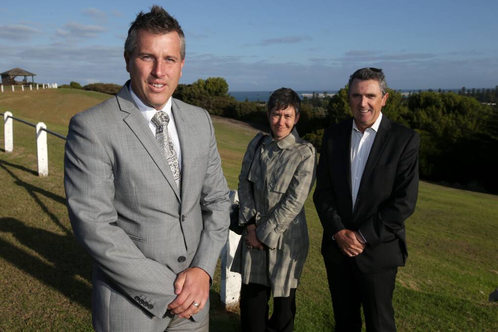 Commerce Warrnambool vice-president Elliot Gould (left) with council representatives Tanya Egan and Bill Millard after the funding announcement. 