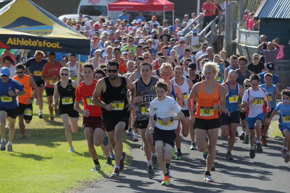 Eventual winner Jesse Fullerton (no. 92) sets the pace from a field of more than 200 competitors with placegetters Clinton Hall (No. 9) and Tom Hynes (white shirt) at the start of the Warrnambool Athletics Club's first Wednesday night 5km run.