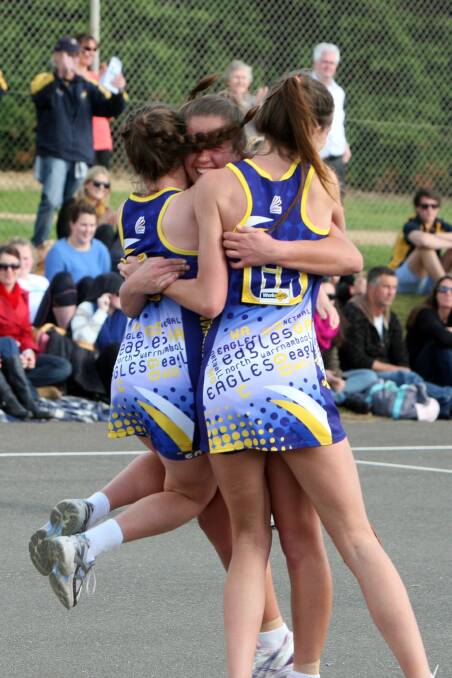 North Warrnambool Eagles celebrate their win. Pictures: DAVE LANGLEY