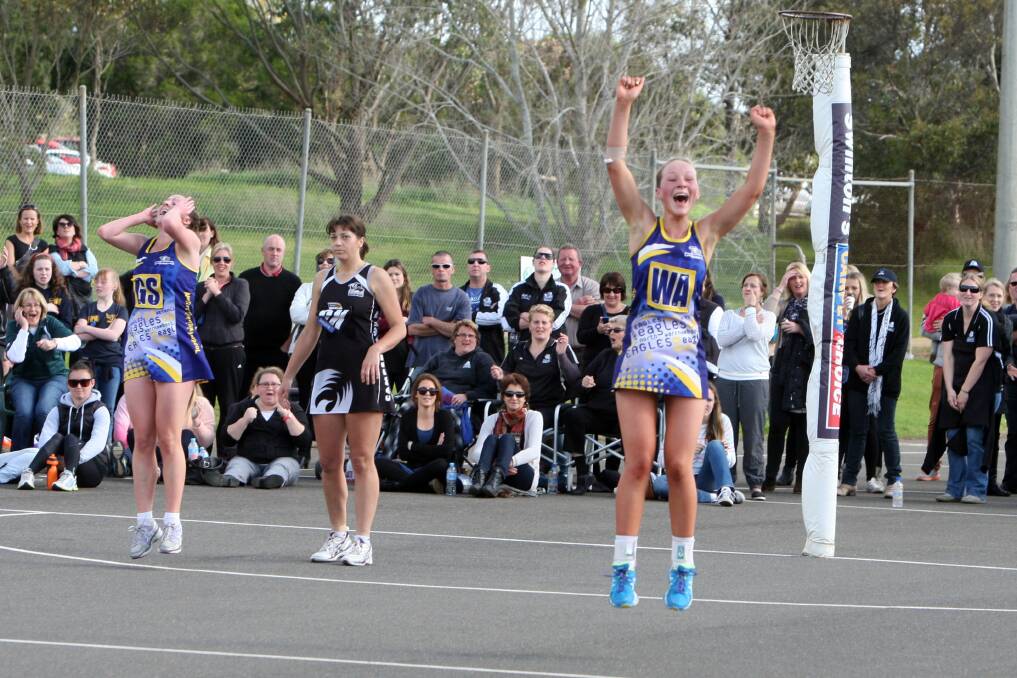 North Warrnambool Eagle's Sarah Bullen jumps for joy as the final buzzer sounds. Pictures: DAVE LANGLEY