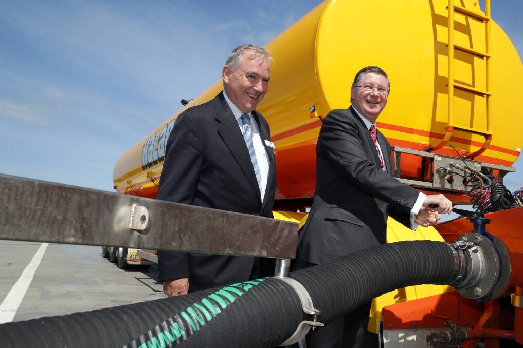 Wannon Water deputy chairman Rob Wallis and Premier Denis Napthine open the valve to start running a load of waste water into the Warrnambool Brine Management Facility.Picture: ROB GUNSTONE