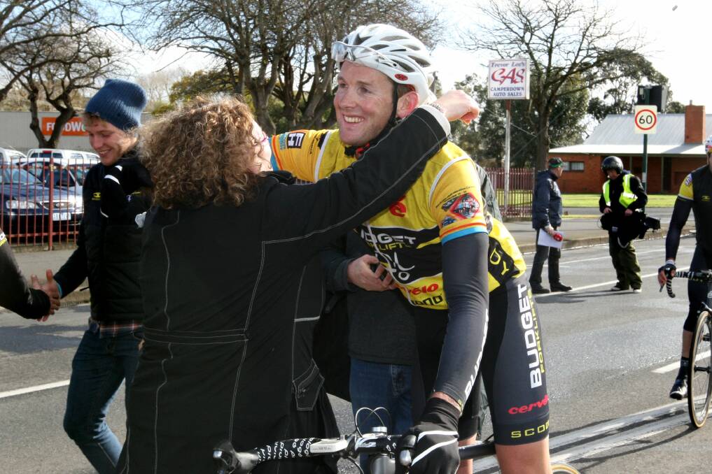 Sam Horgan is congratulated by his Mother Erin after taking out the Tour of The Great South Coast this afternoon. 