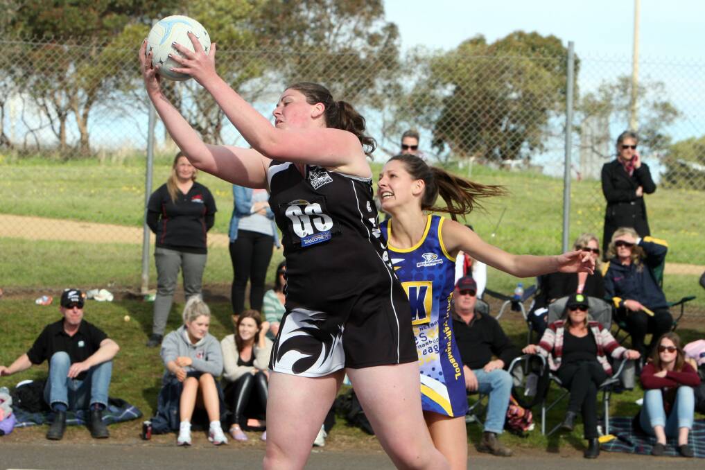 Camperdown's Narelle Welsh and North Warrnambool Eagles' Rachael Ryan.Pictures: DAVE LANGLEY