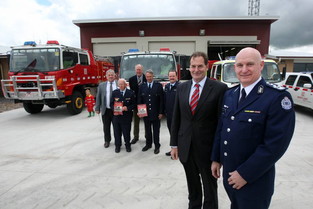 Member for Western Victoria Simon Ramsay (front left), fire services commissioner Craig Lapsley, Moyne Shire mayor Jim Doukas (back left), Bill Pressey, Don Robertson, Ray Edwards and Bob Barry at the opening. 
