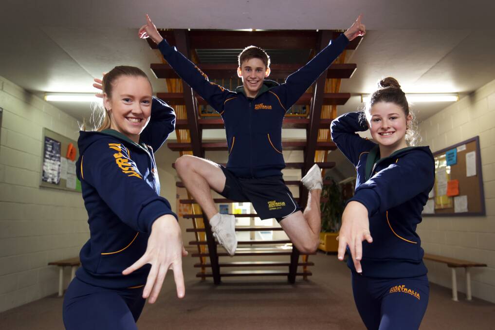 Warrnambool aerobics competitors Emma Bellman, 24 (left), Jordan Rooke, 15, and Jessica Brunt, 15, are aiming for gold at the the world championships in Belgrade, Serbia, from next week.