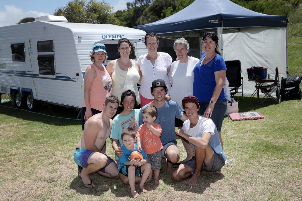 Among the four generations of one family represented in this group of Surfside Holiday Park campers are (back from left): Shelley Beggs 30, Cristie-Lee Beggs, 34, Jan Melville, 55, Maureen Banks, 73, Rae Corbett, 47; (middle): Jamey Beggs, 22, Bailey Corbett 13, Jordan Corbett, 21, Cooper Corbett 15; (front): Loukas Panagiotou, 4 and Ajay Panagiotou, 1. 